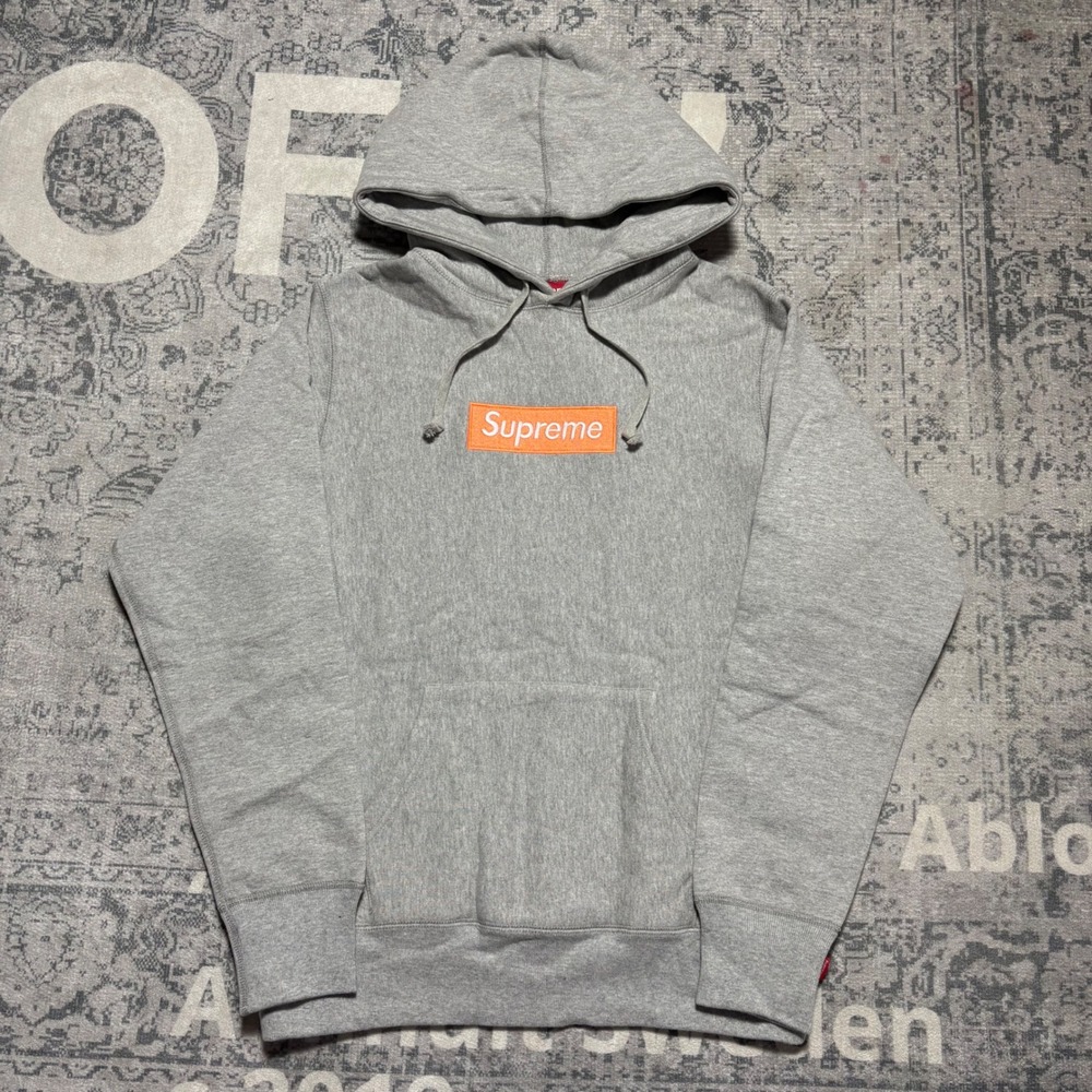 Supreme Box Logo Hooded Sweatshirt Heather Grey Orange FW17 Mens Small Excellent